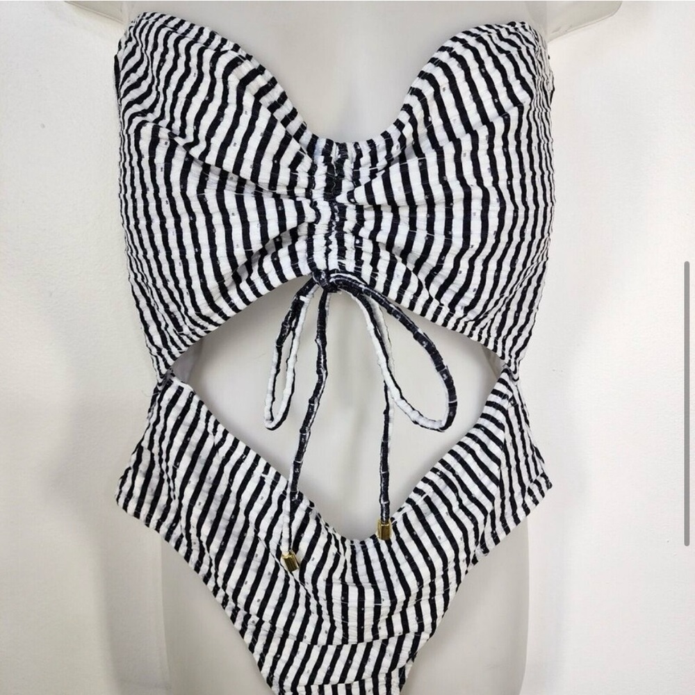 One Piece Swimsuit Large Striped Black Cut Out Tie Front Bandeau Sleeveless - Picture 3 of 3